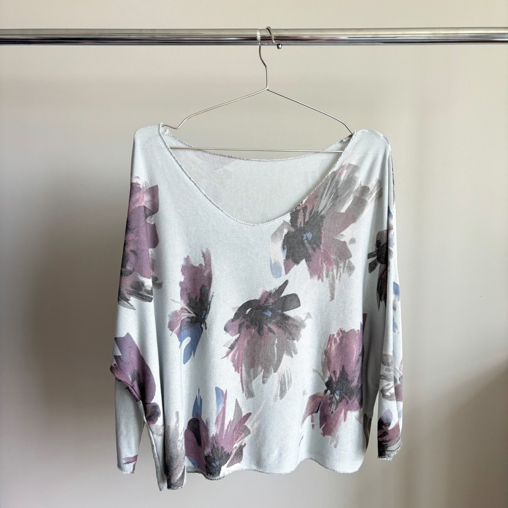 Made In Italy Floral Dolman Top Size 2 Shimmer Hem Raw Edge Boho Funky Chic Y2K